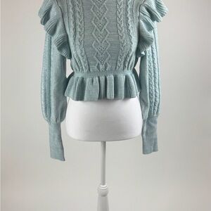 MAJORELLE Light Blue Ruffle Cable Knit Sweater